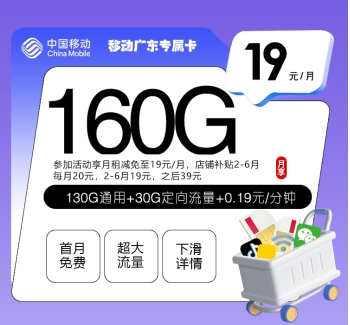 移动广东专属卡【19元160G】