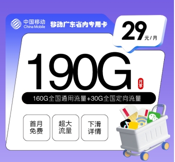 移动广东省内专用卡【两年29元190G】
