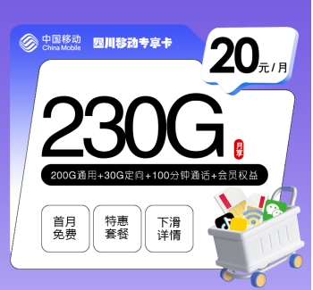 四川移动专享卡【20元230G+100分钟+会员】