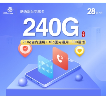 联通烟台专属卡【两年28元240G+300分钟】