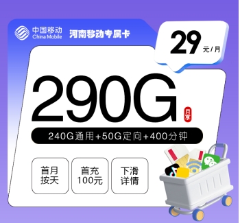 河南移动专属卡【29元290G+400分钟】