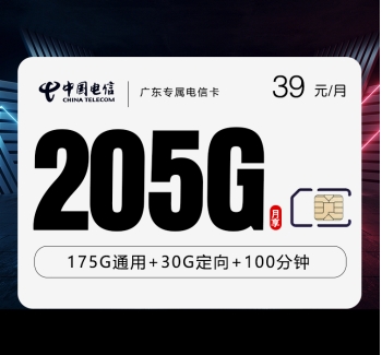 广东专属电信卡【39元205G+100分钟】