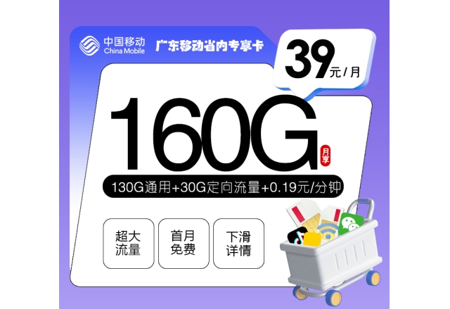 广东移动省内专享卡【39元160G】
