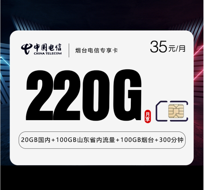 烟台电信专享卡【35元220G+300分钟】