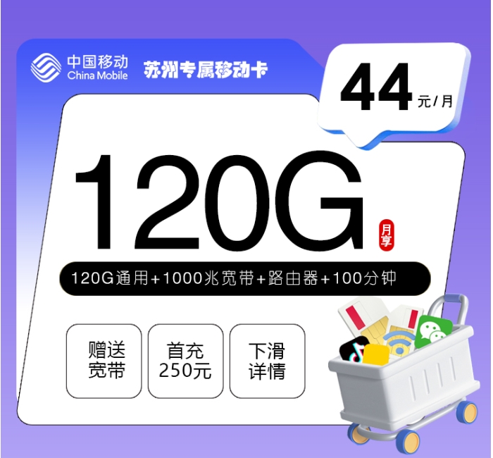 苏州专属移动卡【44元120G+100分钟+千兆宽带】